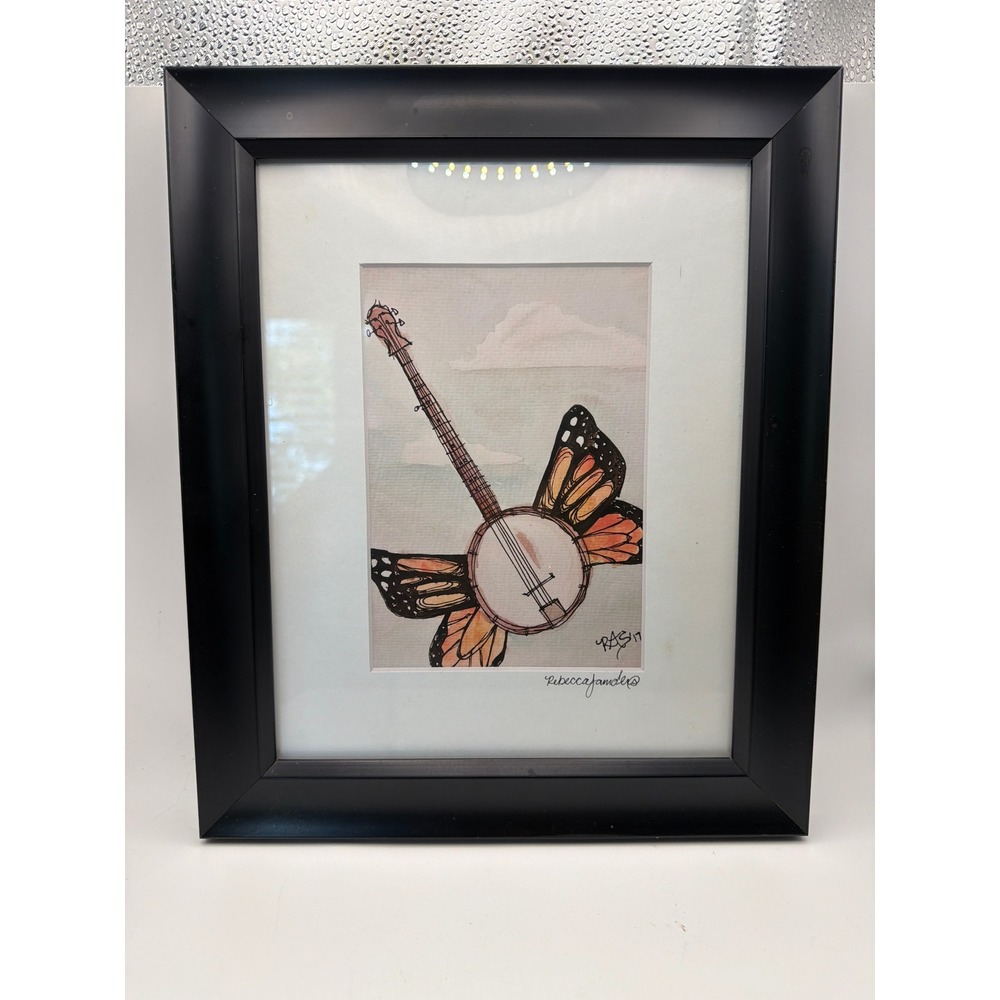 Rebecca Sanders Signed Banjo Butterfly Art Print Framed 2017 Folk Music Decor